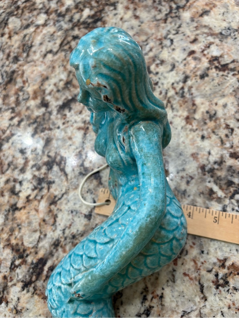 Glossy Blue Green Ceramic Mermaid Statue W/ Distressed Antique Finish 13.5" - Picture 6 of 9